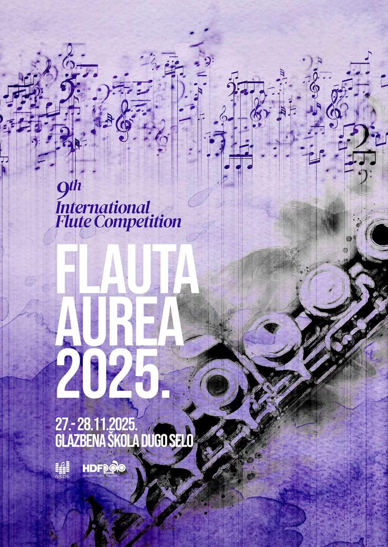 Flauta Aurea 2025 International Flute Competition poster in purple with flute illustration