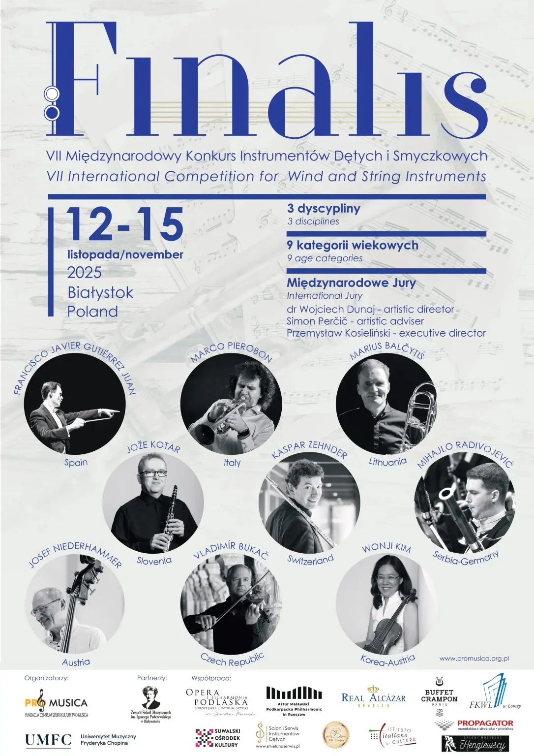 Poster for FINALIS 2025 International Competition for Wind and String Instruments in Białystok, Poland