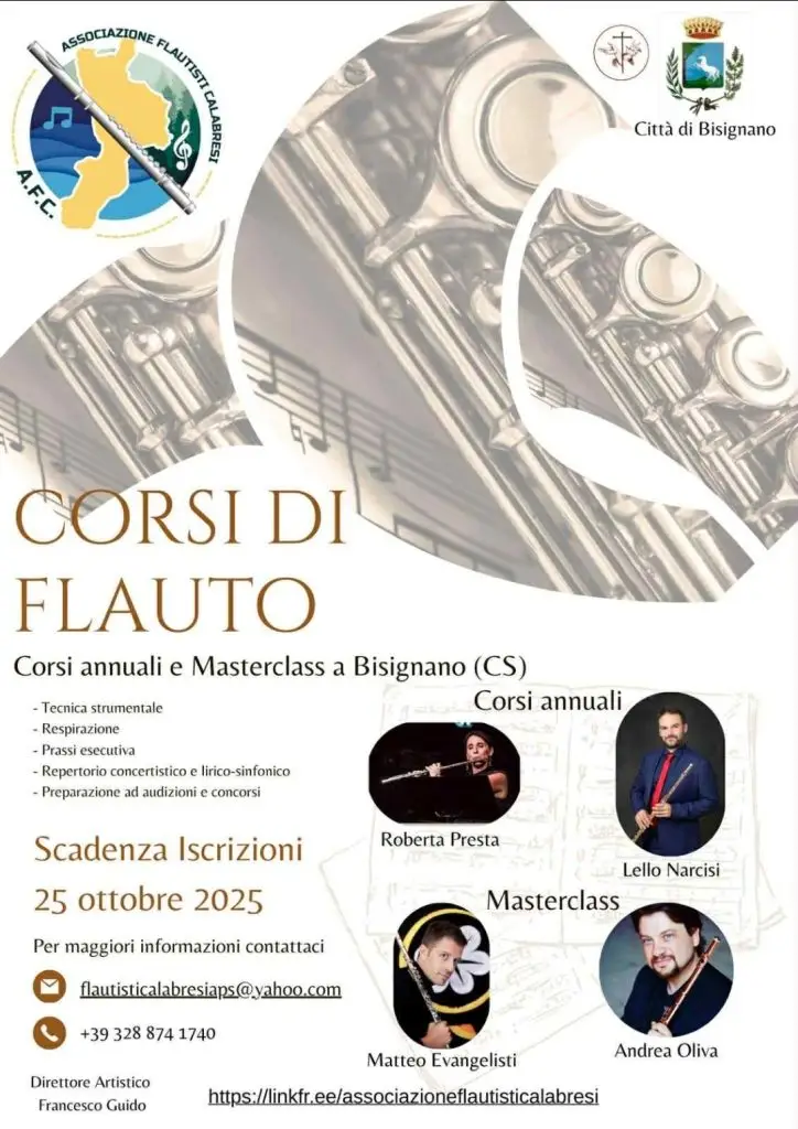 Poster for 2025 Flute Courses and Masterclasses in Bisignano, Calabria