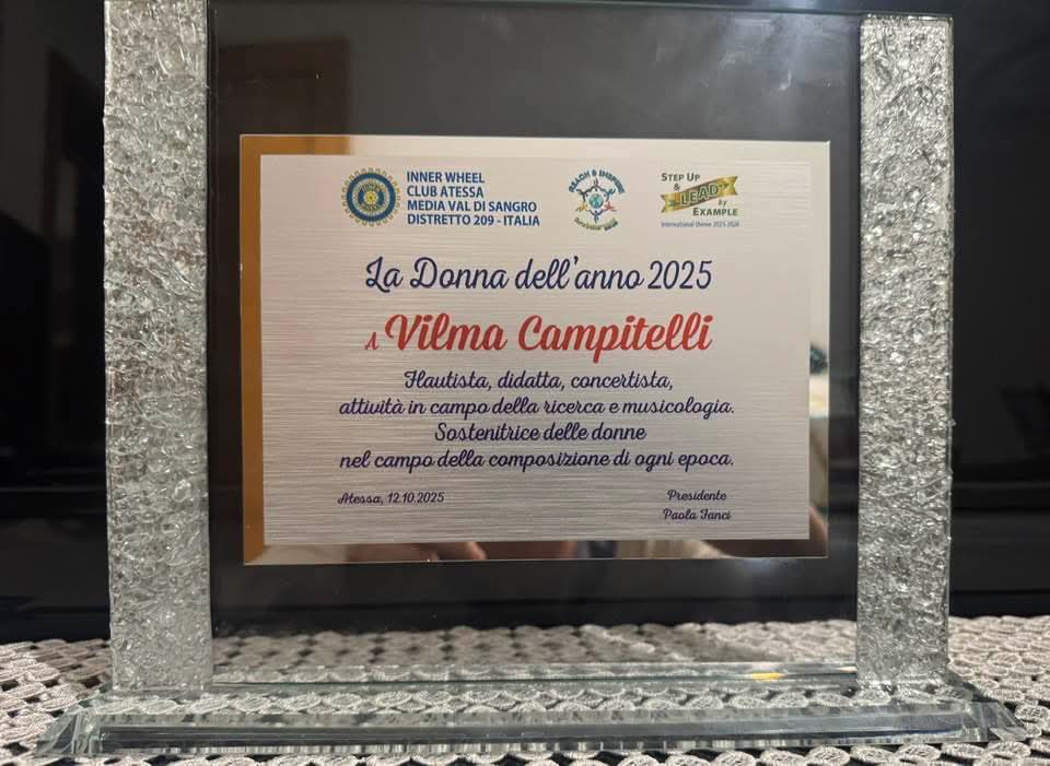 Award plaque presented to Vilma Campitelli by Inner Wheel Atessa Media Val di Sangro, October 2025