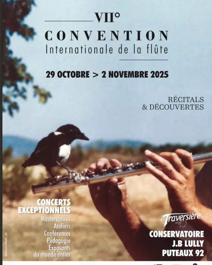 Official poster of the 7th International Flute Convention by La Traversière, taking place October 29–November 2, 2025, at the Jean-Baptiste Lully Conservatory in Puteaux, France.