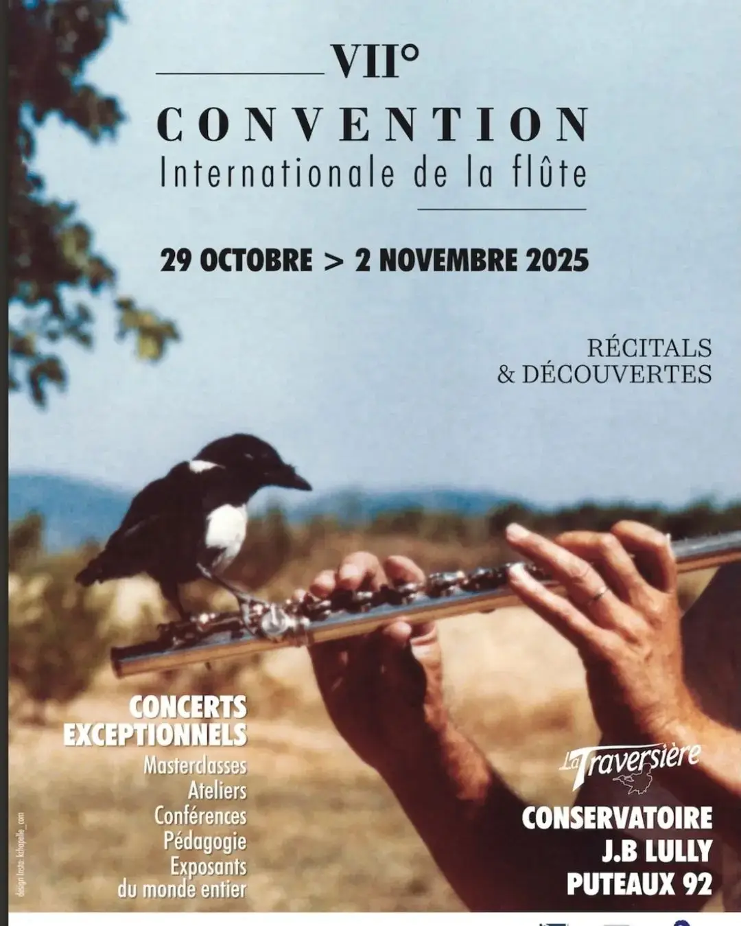 Official poster of the 7th International Flute Convention by La Traversière, taking place October 29–November 2, 2025, at the Jean-Baptiste Lully Conservatory in Puteaux, France.
