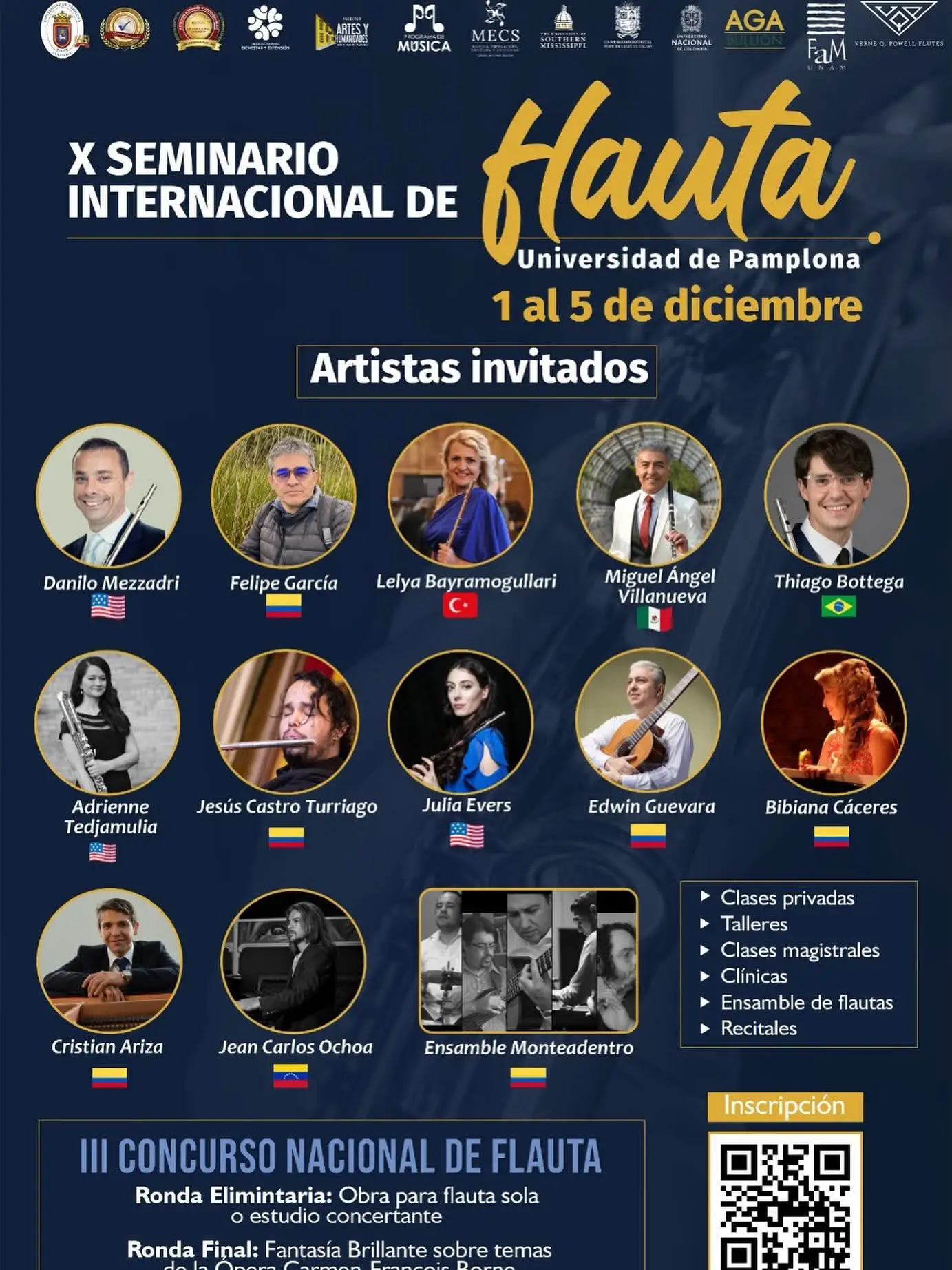 Poster for the X International Flute Seminar at the University of Pamplona featuring international guest artists and event details, December 1–5, 2024.