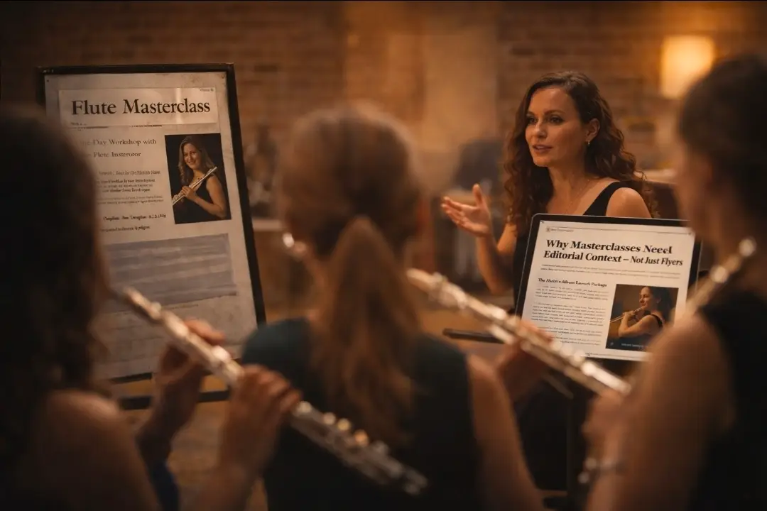 Flute masterclass presented through editorial storytelling rather than generic event promotion