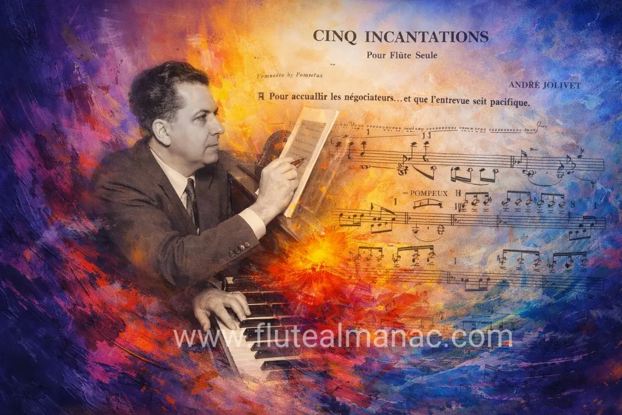 André Jolivet working at the piano, revising a score.