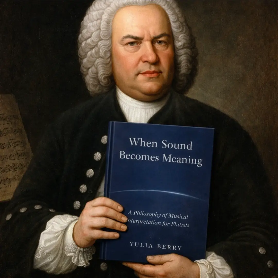Johann Sebastian Bach holding When Sound Becomes Meaning book by Yulia Berry
