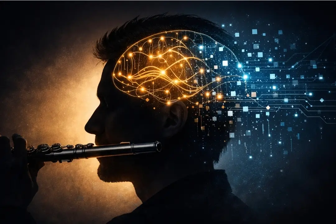 Musician playing flute with digital neural network illustration symbolizing cognitive overload and the mental impact of the digital age on musicians